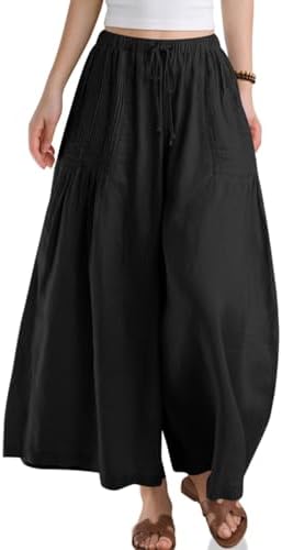 Womens Linen Wide Leg Pants with Pockets Black