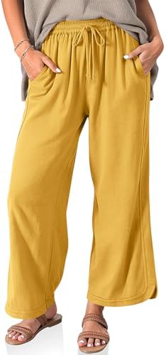 Womens Linen Wide Leg Pants with Pockets Bright Yellow