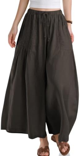 Womens Linen Wide Leg Pants with Pockets Dark Coffee
