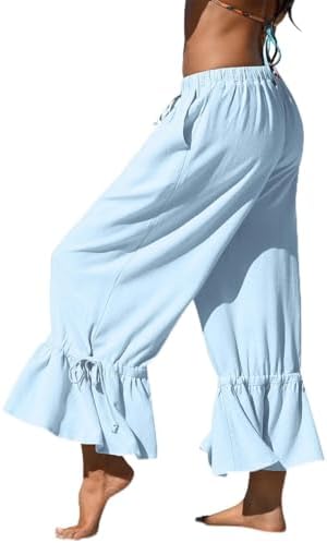 Womens Linen Wide Leg Ruffle Pants Aqua Blue, M