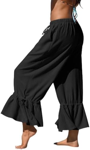 Womens Linen Wide Leg Ruffle Pants Black, S