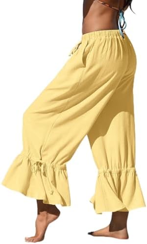 Womens Linen Wide Leg Ruffle Pants Creamy Yellow, M