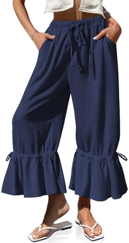 Womens Linen Wide Leg Ruffle Pants Dark Blue