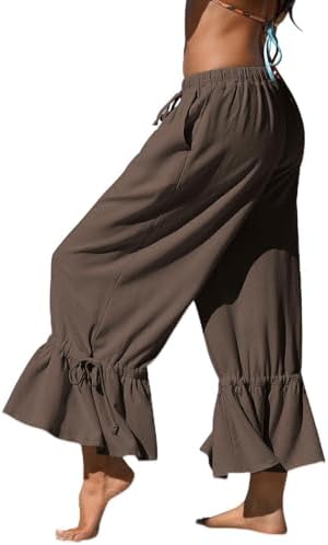 Womens Linen Wide Leg Ruffle Pants Dark Coffee, S