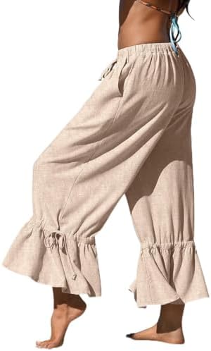 Womens Linen Wide Leg Ruffle Pants Heather Light Khaki, M