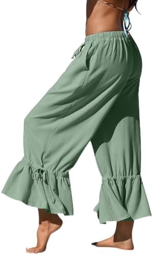 Womens Linen Wide Leg Ruffle Pants Light Army Green, S