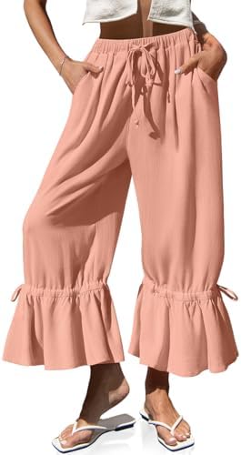 Womens Linen Wide Leg Ruffle Pants Light Bean Paste