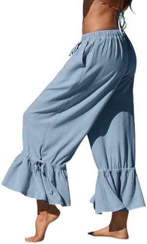 Womens Linen Wide Leg Ruffle Pants Light Gray Blue