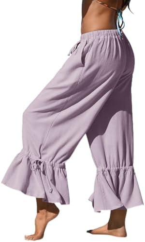 Womens Linen Wide Leg Ruffle Pants Light Purple