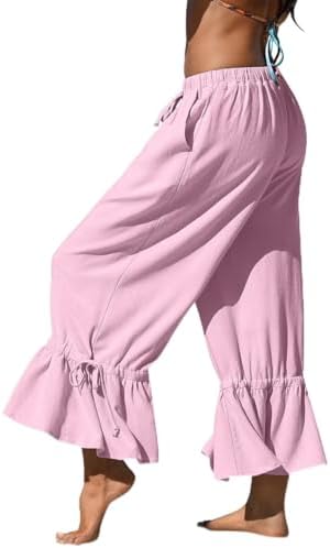 Womens Linen Wide Leg Ruffle Pants Peach Pink