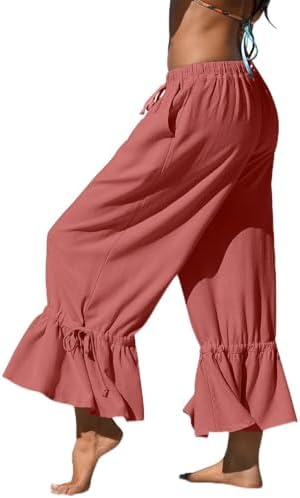 Womens Linen Wide Leg Ruffle Pants Rust Red, XXL