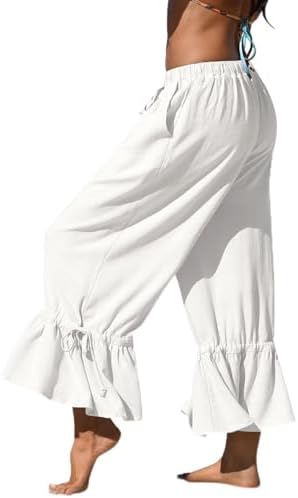 Womens Linen Wide Leg Ruffle Pants White, M