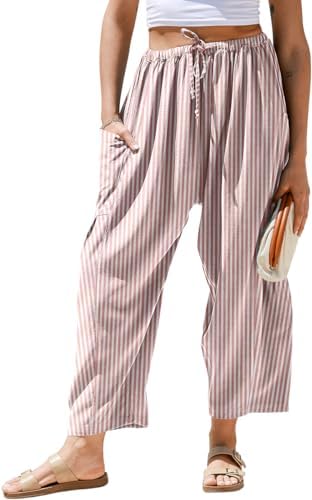 Womens Linen Wide Leg Striped Pants Casual Barrel Palazzo Harem Pants