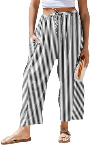 Womens Linen Wide Leg Striped Pants Casual Barrel Palazzo Harem Pants