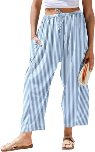 Womens Linen Wide Leg Striped Pants Casual Barrel Palazzo Harem Pants