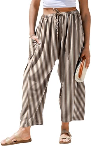 Womens Linen Wide Leg Striped Pants Casual Barrel Palazzo Harem Pants