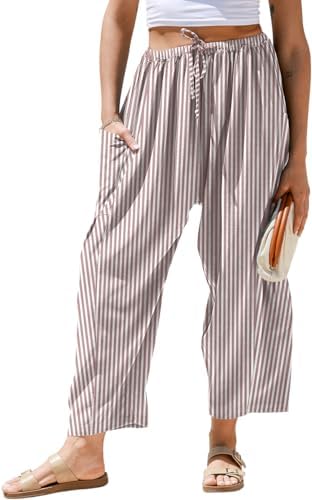 Womens Linen Wide Leg Striped Pants Casual Barrel Palazzo Harem Pants
