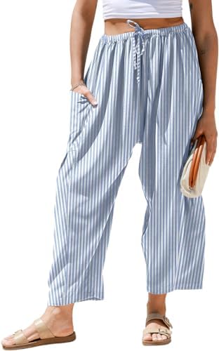 Womens Linen Wide Leg Striped Pants Casual Barrel Palazzo Harem Pants