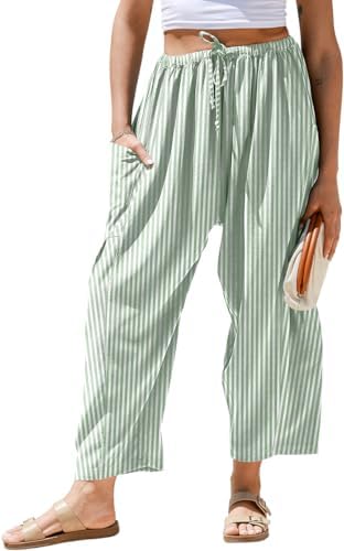 Womens Linen Wide Leg Striped Pants Casual Barrel Palazzo Harem Pants