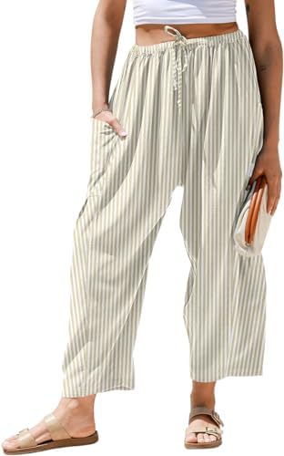 Womens Linen Wide Leg Striped Pants Casual Barrel Palazzo Harem Pants