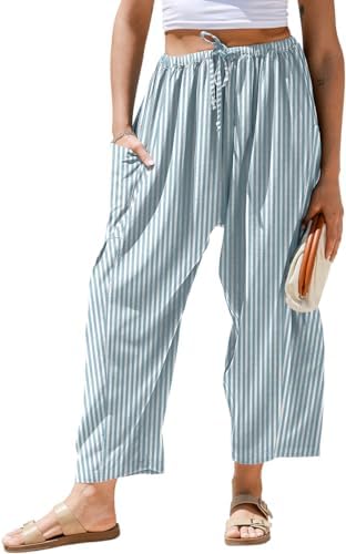 Womens Linen Wide Leg Striped Pants Casual Barrel Palazzo Harem Pants