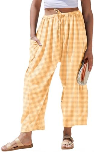 Womens Linen Wide Leg Striped Pants Casual Barrel Loose Drawstring Low