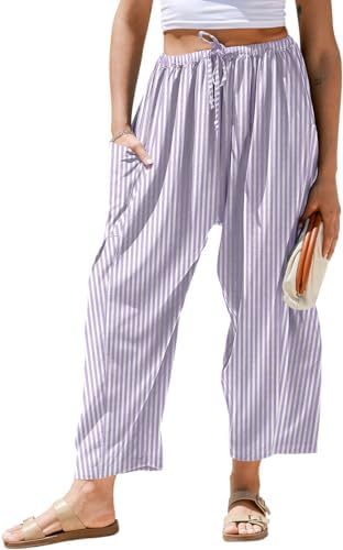 Womens Linen Wide Leg Striped Pants Casual Barrel Palazzo Harem Pants