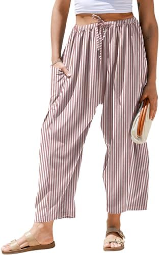 Womens Linen Wide Leg Striped Pants Casual Barrel Palazzo Harem Pants