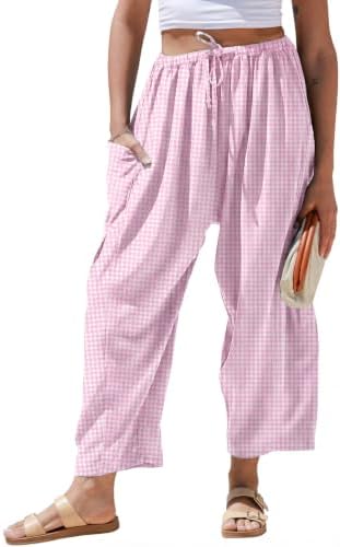 Womens Linen Wide Leg Striped Pants Casual Barrel Loose Drawstring Low