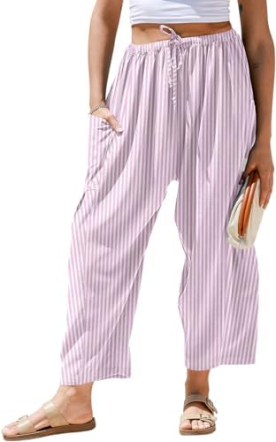 Womens Linen Wide Leg Striped Pants Casual Barrel Loose Drawstring Low