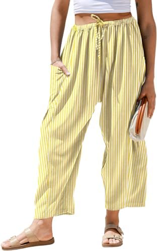 Womens Linen Wide Leg Striped Pants Casual Barrel Palazzo Harem Pants