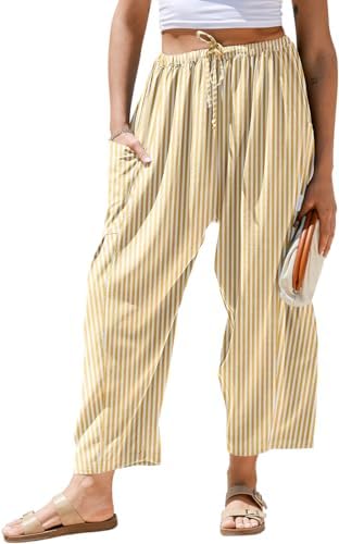 Womens Linen Wide Leg Striped Pants Casual Barrel Palazzo Harem Pants