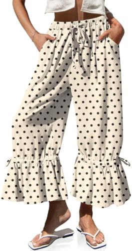 Womens Linen Wide Leg Vintage Ruffle Pants Dot Beige Black