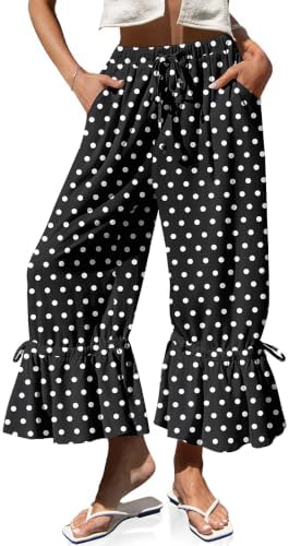 Womens Linen Wide Leg Vintage Ruffle Pants Dot Black White