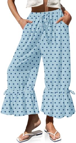 Womens Linen Wide Leg Vintage Ruffle Pants Dot Blue