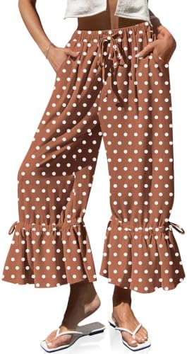 Womens Linen Wide Leg Vintage Ruffle Pants Dot Brown Apricot