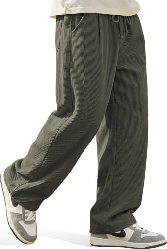 Men's Corduroy Pants Casual Baggy Wide Leg Pants Army Green