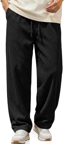 Men's Corduroy Pants Casual Baggy Wide Leg Pants Black