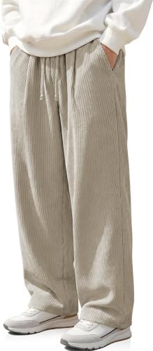 Men's Corduroy Pants Casual Baggy Wide Leg Pants Cream