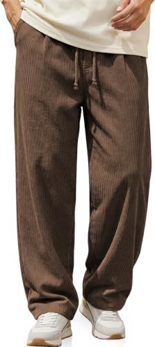 Men's Corduroy Pants Casual Baggy Wide Leg Pants Dark Brown
