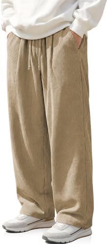 Men's Corduroy Pants Casual Baggy Wide Leg Pants Khaki