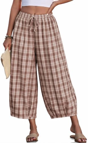 Women's Plaid Cotton Linen Wide Leg Pants with Pockets