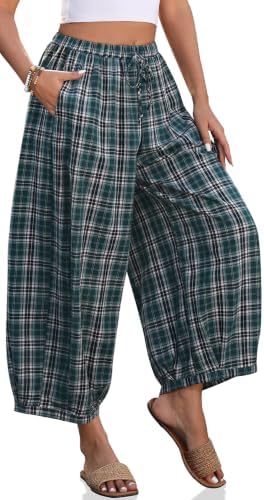 Women's Plaid Cotton Linen Wide Leg Pants with Pockets