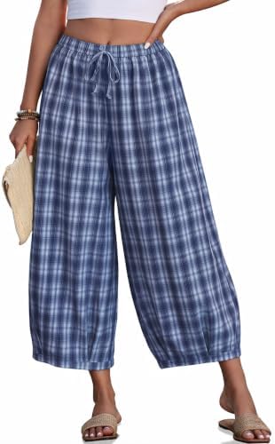 Women's Plaid Cotton Linen Wide Leg Pants with Pockets