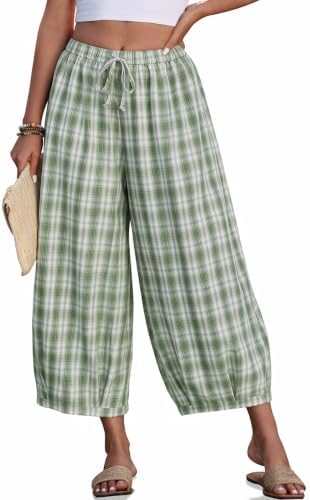 Women's Plaid Cotton Linen Wide Leg Pants with Pockets