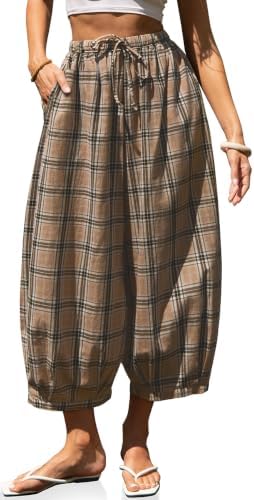Women's Plaid Cotton Linen Wide Leg Pants with Pockets