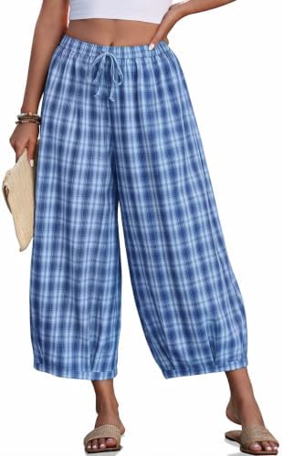 Women's Plaid Cotton Linen Wide Leg Pants with Pockets