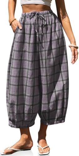 Women's Plaid Cotton Linen Wide Leg Pants with Pockets