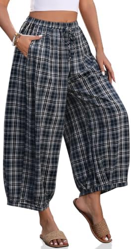 Women's Plaid Cotton Linen Wide Leg Pants with Pockets