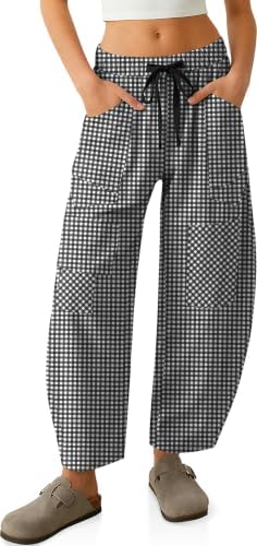 Womens Plaid Ginghamd Linen Barrel Pants Drawstring Y7k Patchwork